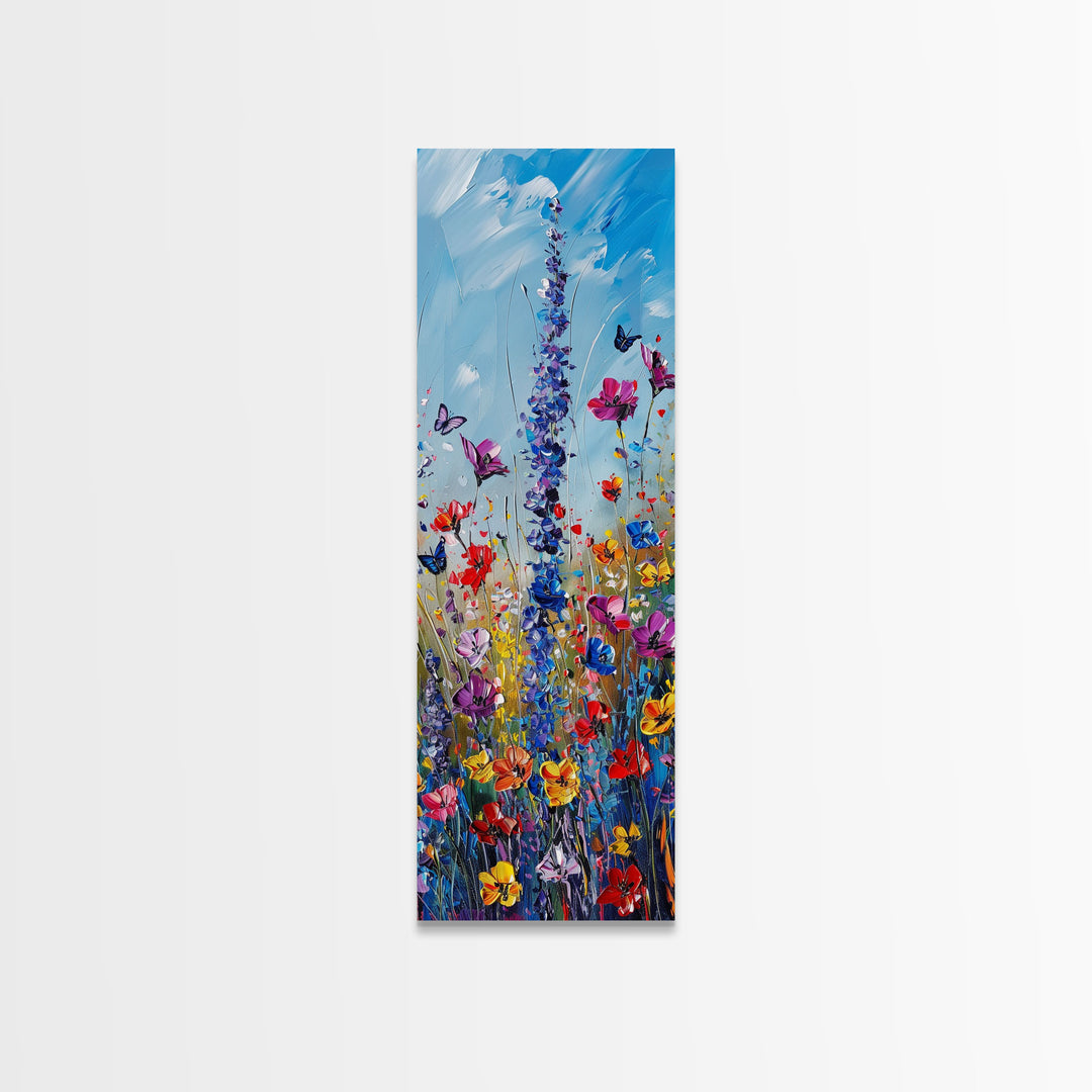 Butterflies and Wildflowers, Framed Canvas print, Wood Framed Art, Living Room Decor, Skinny Art, Boho Style Minimalist Wall Art