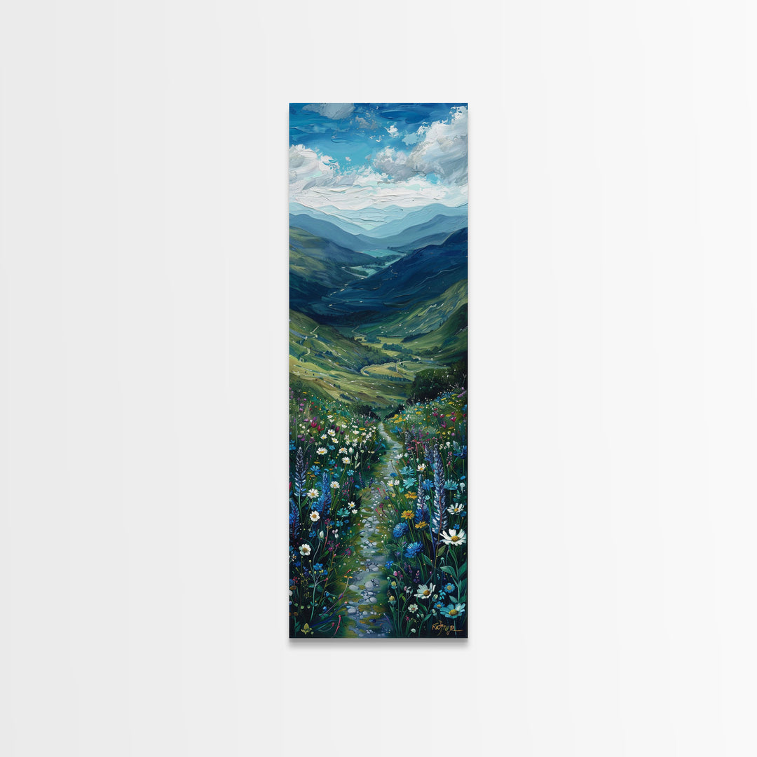 Secret Path Through The Wild Flowers, Framed Canvas Print, Unique Wall Art, Minimalist Landscape Painting, Wood Frame Art, Sofa Decor, Springtime Art