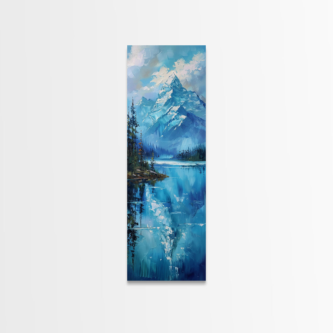 Mountain Reflections In The Lake Framed Canvas Print, Boho Style Oil Painting Print, Minimalist Decor, Unique Gift Idea, Skinny Art For Small Spaces