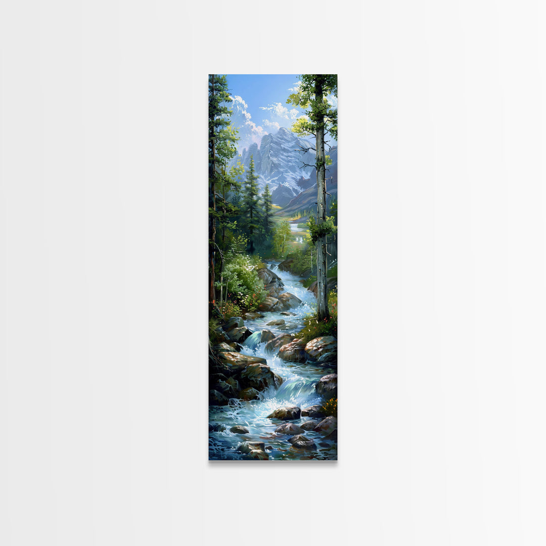 Majestic Mountain Stream In A Serene Forest Landscape, Farmhouse And Minimalist Art Style, Boho Wall Art In Tall Canvas Print