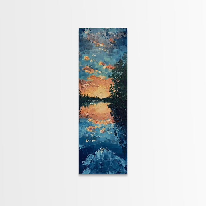 Reflective Sunset Over Calm Waters, Minimalist Farmhouse Art For Rustic Decor, Boho Style Wall Art In Tall Canvas Print