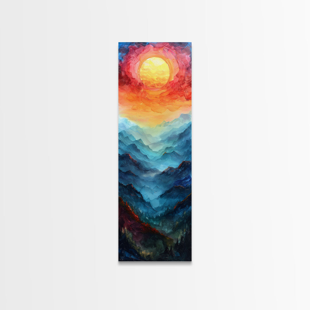 Majestic Sunrise Over Mountain Range Boho Sunset Landscape Framed Canvas Print Tall Art Japanese Style Art