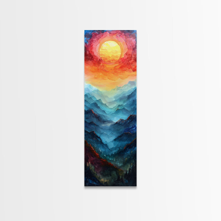 Majestic Sunrise Over Mountain Range Boho Sunset Landscape Framed Canvas Print Tall Art Japanese Style Art