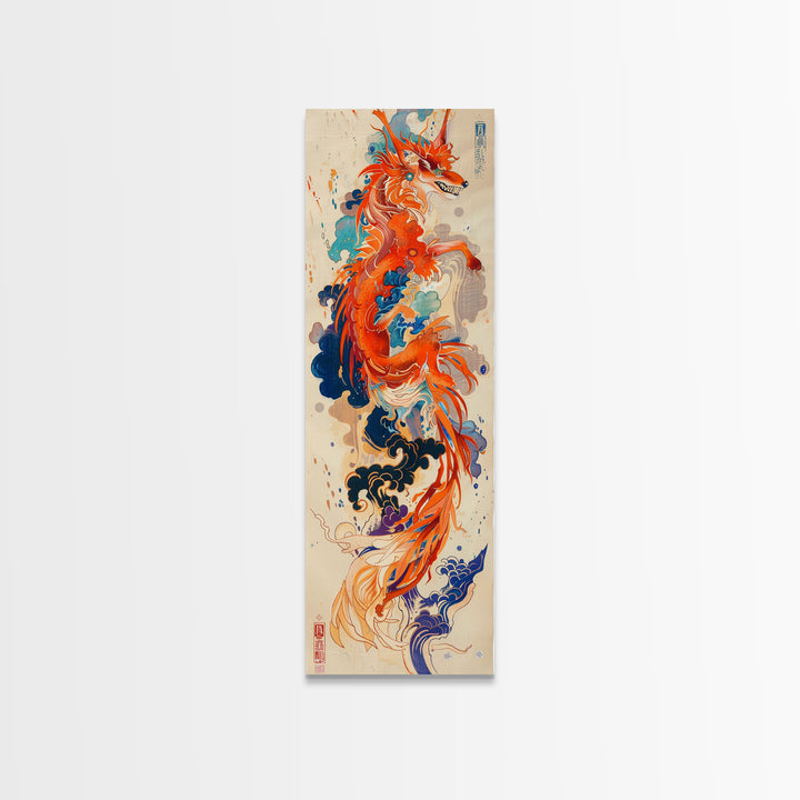 Majestic Red Dragon Soars Skinny Art Tall Art Japanese Ukiyo-e Inspired Mythical Creature Framed Canvas Print
