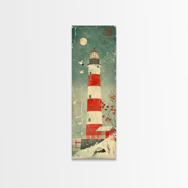 Japanese Woodblock Print Of A Traditional Lighthouse Surrounded By Seagulls Framed Canvas Print Ready To Hang For Wall Art Decor