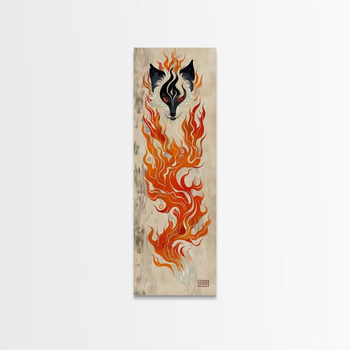 Fiery Kitsune Spirit Skinny Art Tall Art Japanese Ukiyo-e Inspired Mythical Creature Framed Canvas Print