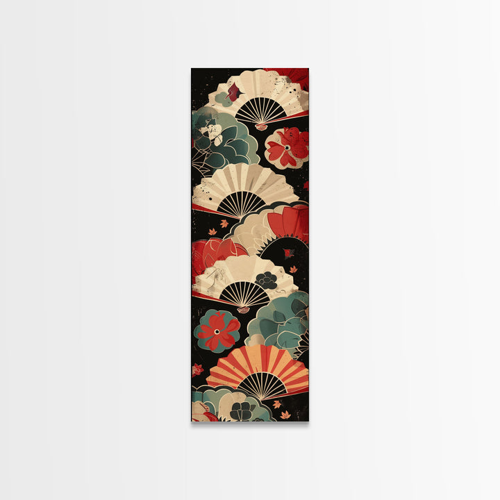 Japanese-Inspired Fan Art in Bold Red and Cream Accents on Tall Vertical Canvas Print Featuring Elegant Floral Design