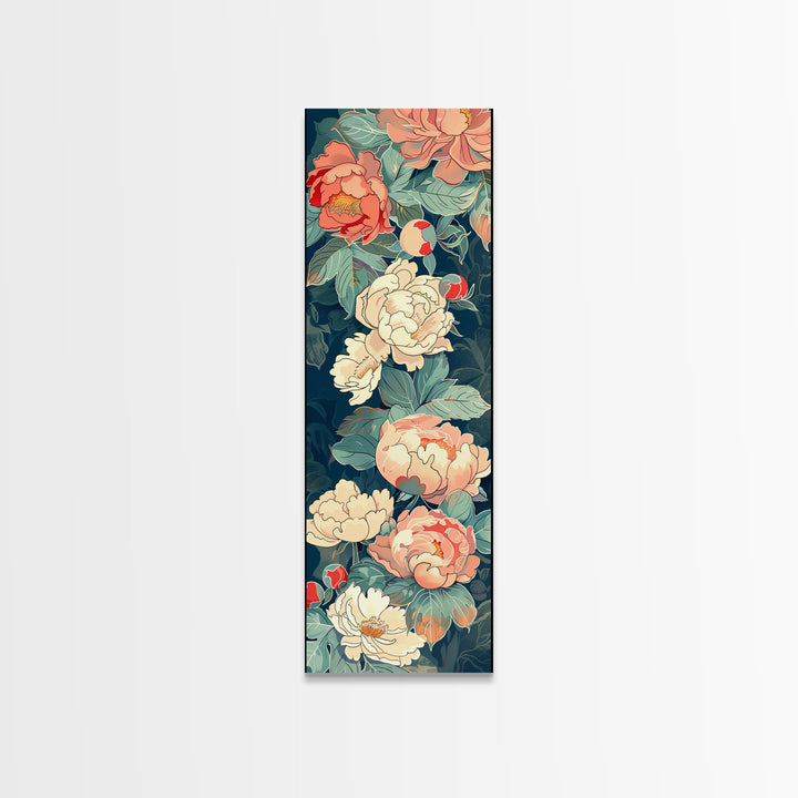 Delicate Peony Blossoms in Soft Pastel Hues on Japanese-Inspired Tall Vertical Canvas Print for Elegant Floral Decor