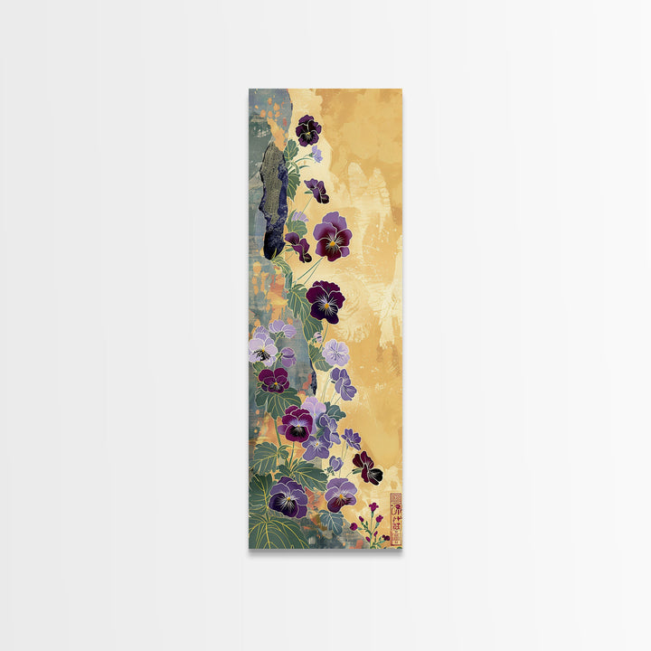Deep Purple Pansy Flowers Against Textured Gold Background on Tall Vertical Canvas Print for Rich Floral Wall Decor
