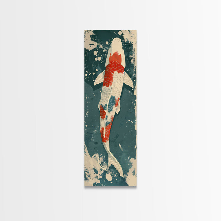 Serene Koi Fish Swimming in Deep Blue Water with Red Accents on Tall Vertical Japanese-Inspired Canvas Print