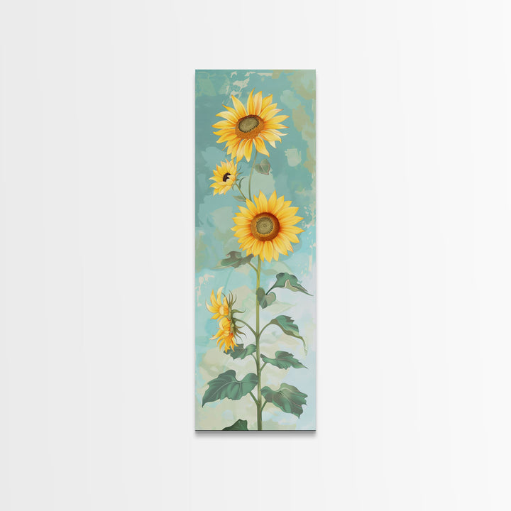 Japanese Skinny Art of Sunflowers with Golden Petals and Verdant Stems on a Pastel Blue Background – Framed Canvas Print