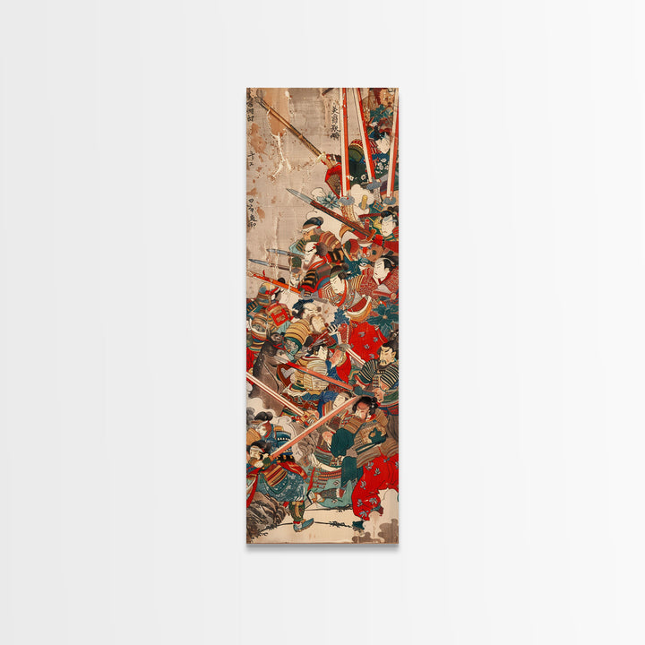 Samurai Warriors in Battle – Traditional Japanese Skinny Art with Historic Details – Framed Canvas Print