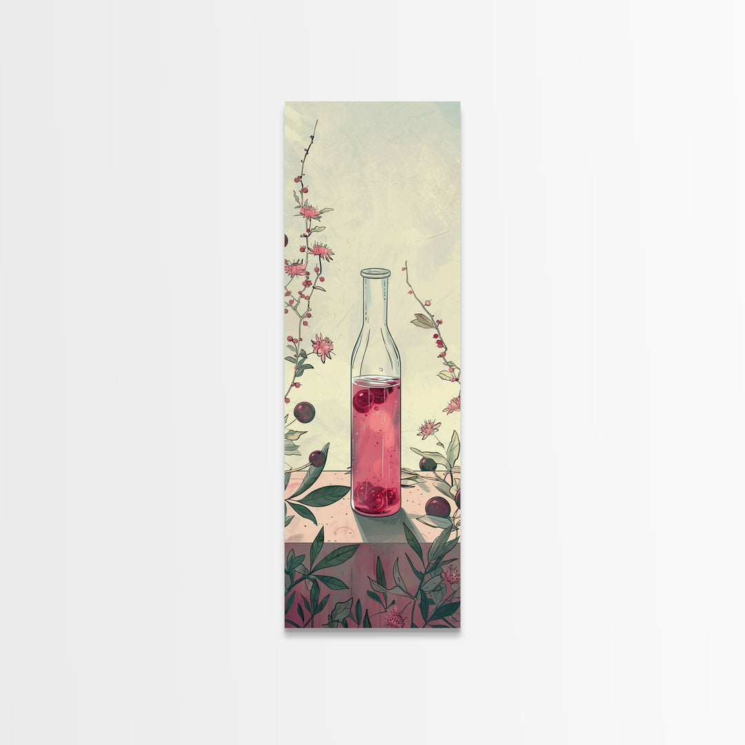 Skinny Art of Still Life with Elegant Glass Bottle and Floral Accents – Japanese-Inspired Framed Canvas Print