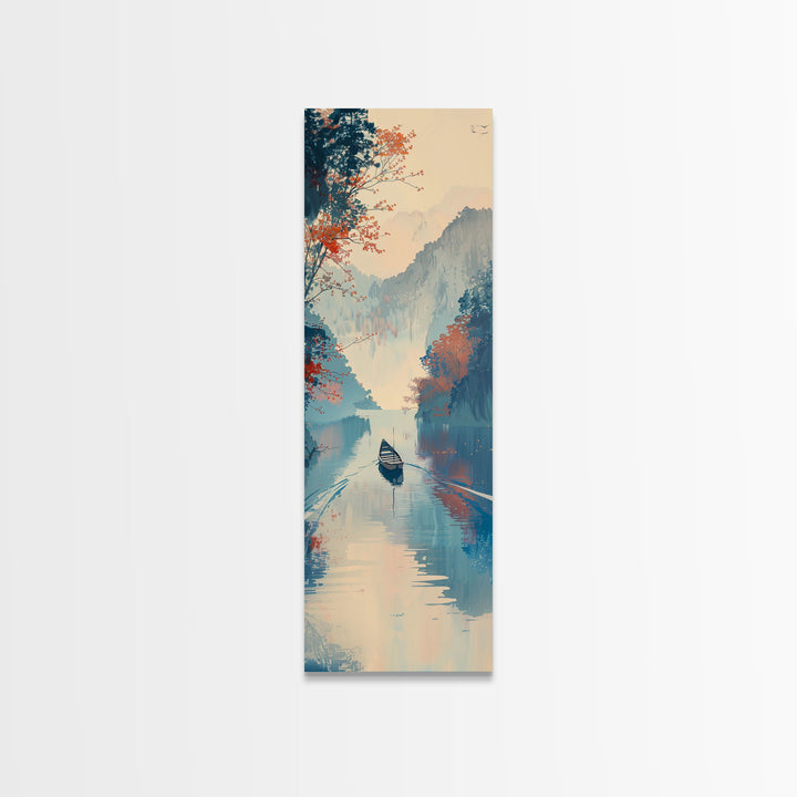 Serene Japanese Landscape Framed Canvas Print Featuring A Calm River Scene With Boat And Misty Mountains, Traditional Wall Art, Ready To Hang