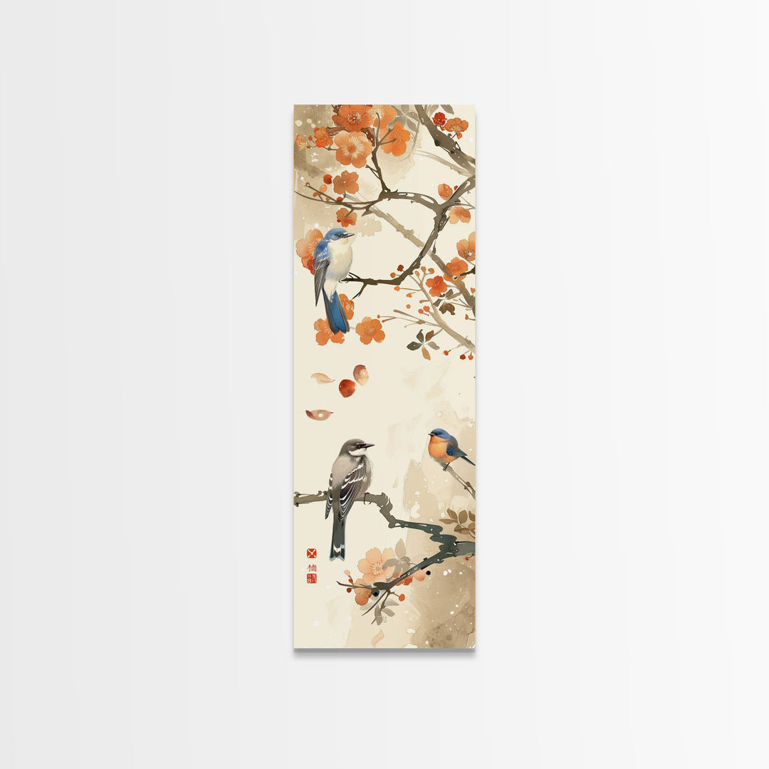 Japanese Art Inspired by Tranquil Birds and Blossoms, Framed Canvas Print for Tall Skinny Art Lovers in Ukiyo-e Style