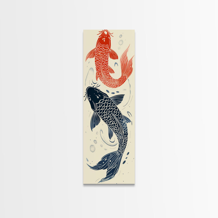 Elegant Koi Fish in Minimalist Japanese Art Style, Tall and Skinny Framed Canvas Print for Ukiyo-e Art Lovers