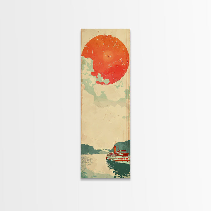 Large Red Sun Over River, Japanese Art Inspired by Ukiyo-e, Framed Canvas Print for Tall Skinny Wall Spaces