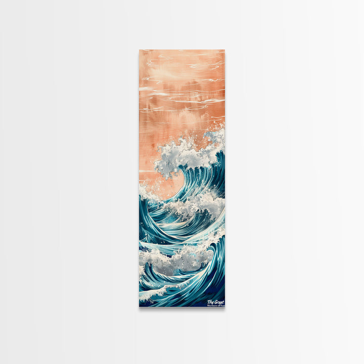 Majestic Wave, Peach Sky, Japanese Art, Skinny Art, Tall Art, Framed Canvas Print, Ukiyo-e Style