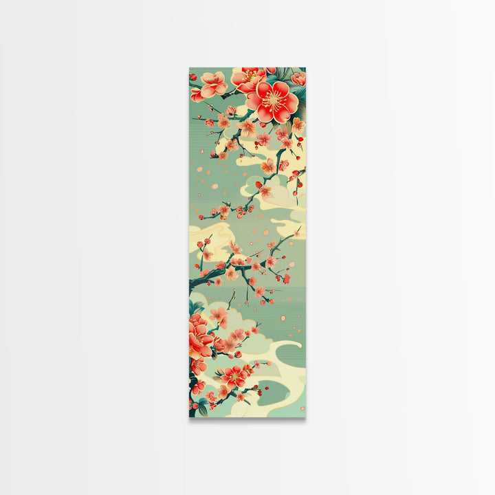 Plum Blossoms, Turquoise Sky, Japanese Art, Skinny Art, Tall Art, Framed Canvas Print, Ukiyo-e Style