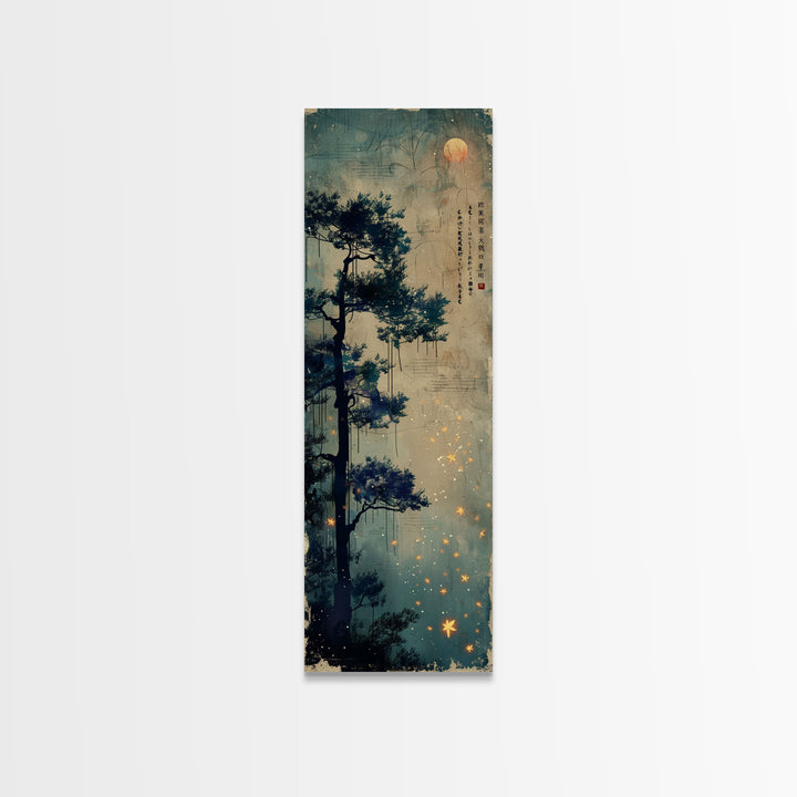 Pine Tree, Moonlit Sky, Japanese Art, Skinny Art, Tall Art, Framed Canvas Print, Ukiyo-e Style