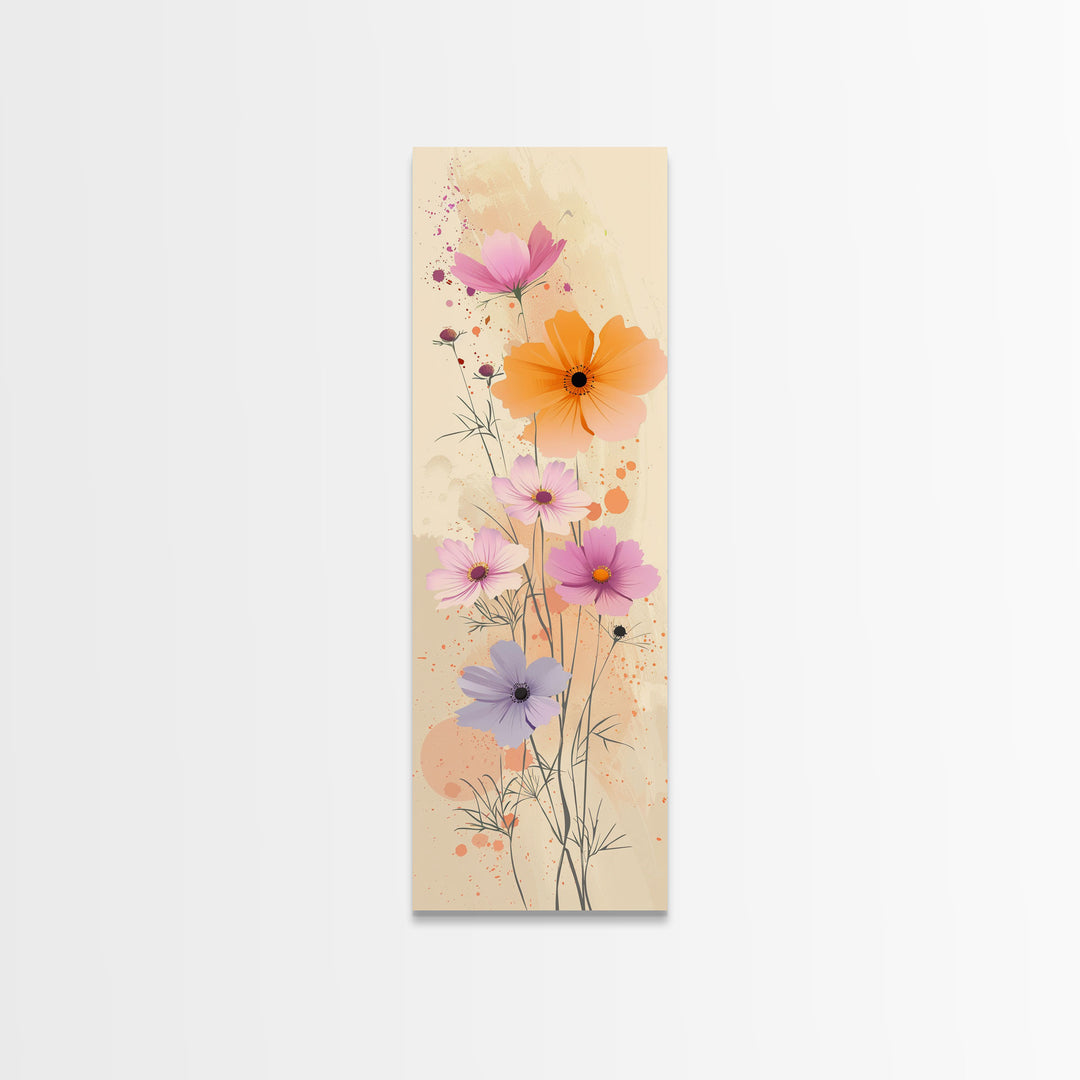 Delicate Flowers in Soft Pastel Colors Skinny Art Ukiyo-e Style Tall Framed Canvas Print for Home Décor