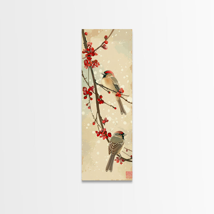 Skinny Art Sparrows And Cherry Blossoms In Japanese Style Wood Block Print Gentle Color Palette On Framed Canvas Print, Tall Art Ukiyo-e