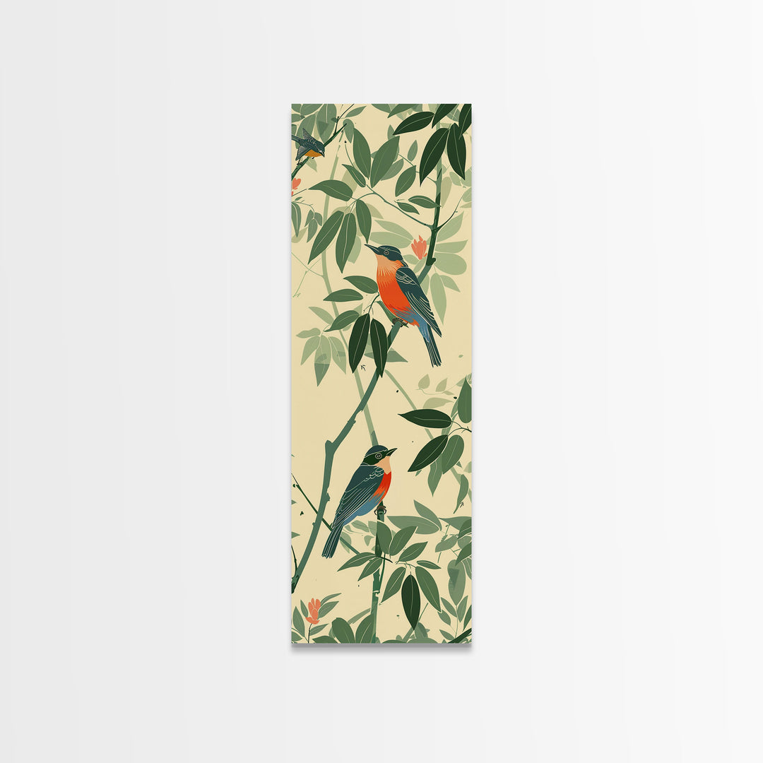 Skinny Art Tall Art Framed Canvas Print Birds Amongst Dense Greenery And Red Flowers Ukiyo-e Japanese Style Art Wood Block Print