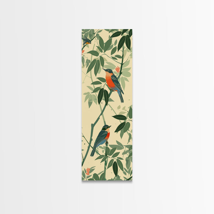 Skinny Art Tall Art Framed Canvas Print Birds Amongst Dense Greenery And Red Flowers Ukiyo-e Japanese Style Art Wood Block Print