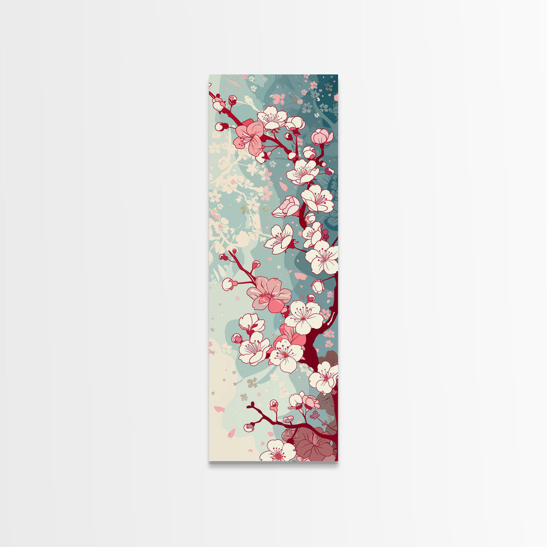 Delicate Pink Flowers On Branch Gentle Tones Skinny Art Tall Art Framed Canvas Print Japanese Style Art Ukiyo-e Art Wood Block Print Floral
