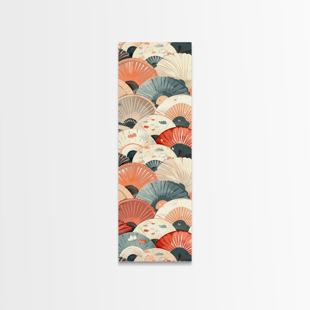 Pattern Of Overlapping Japanese Fans On Beige Background Tall Art Skinny Art Framed Canvas Print Japanese Style Art Ukiyo-e Wood Block Print