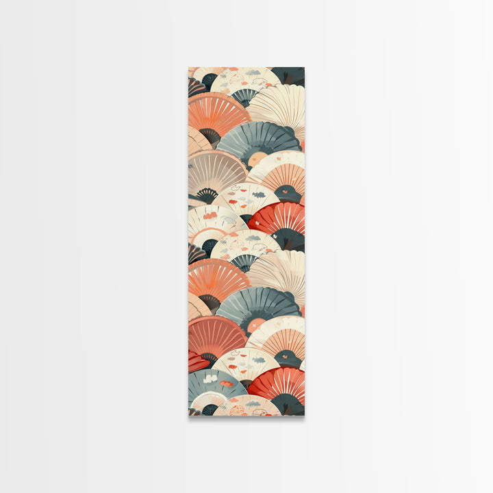 Pattern Of Overlapping Japanese Fans On Beige Background Tall Art Skinny Art Framed Canvas Print Japanese Style Art Ukiyo-e Wood Block Print