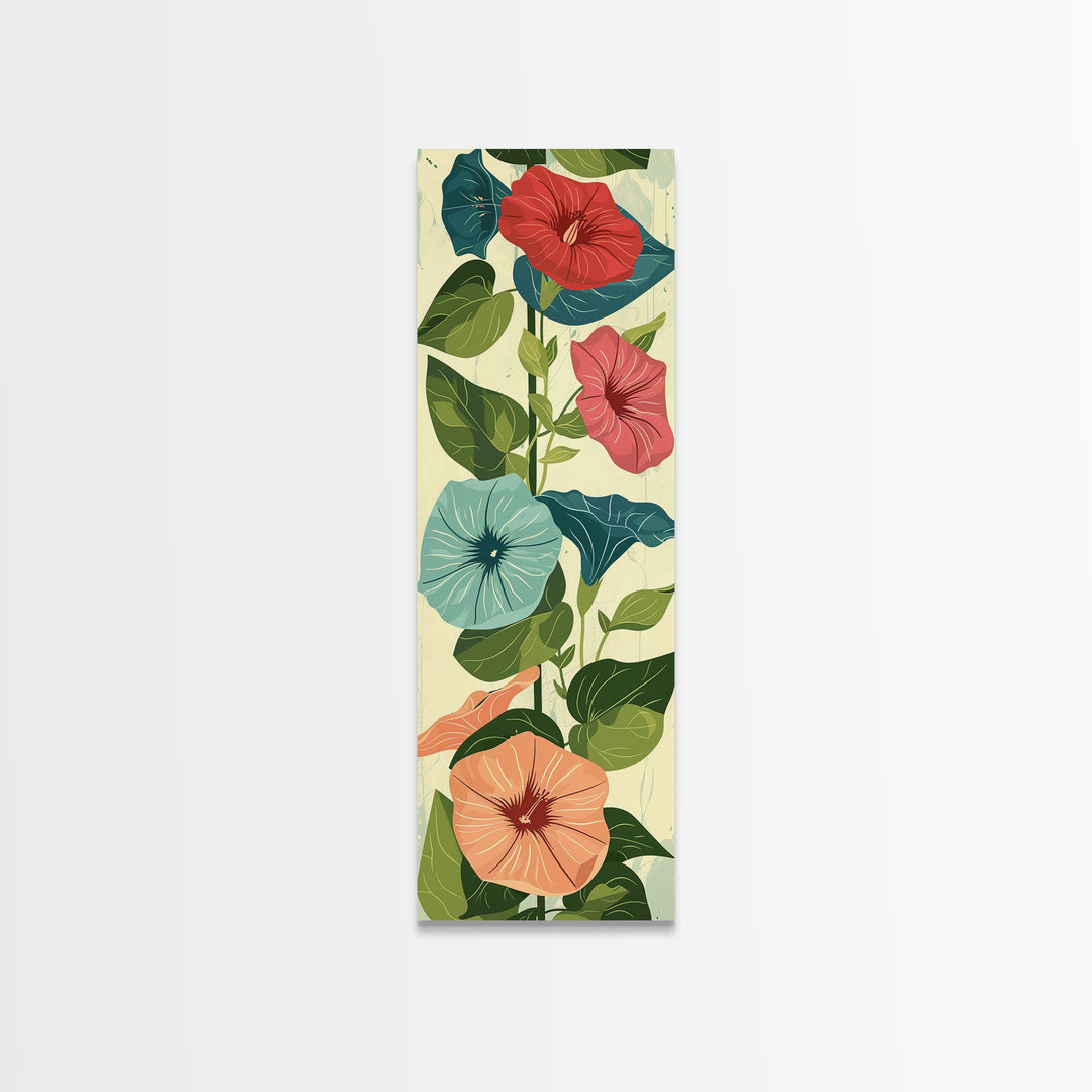 Morning Glory Flowers In Vibrant Red And Blue Shades Tall Art Skinny Art Framed Canvas Print Japanese Style Art Ukiyo-e Wood Block Print