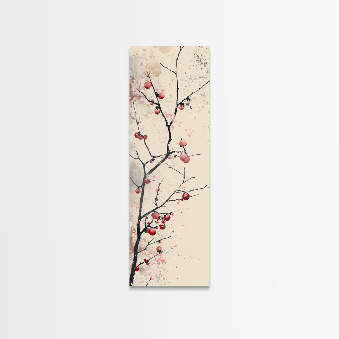 Minimalist Japanese Tree Branch With Red Berries, Ukiyo-e Woodblock Style Canvas, Framed Canvas Print, Japanese Tall Skinny Wall Art, Ready To Hang