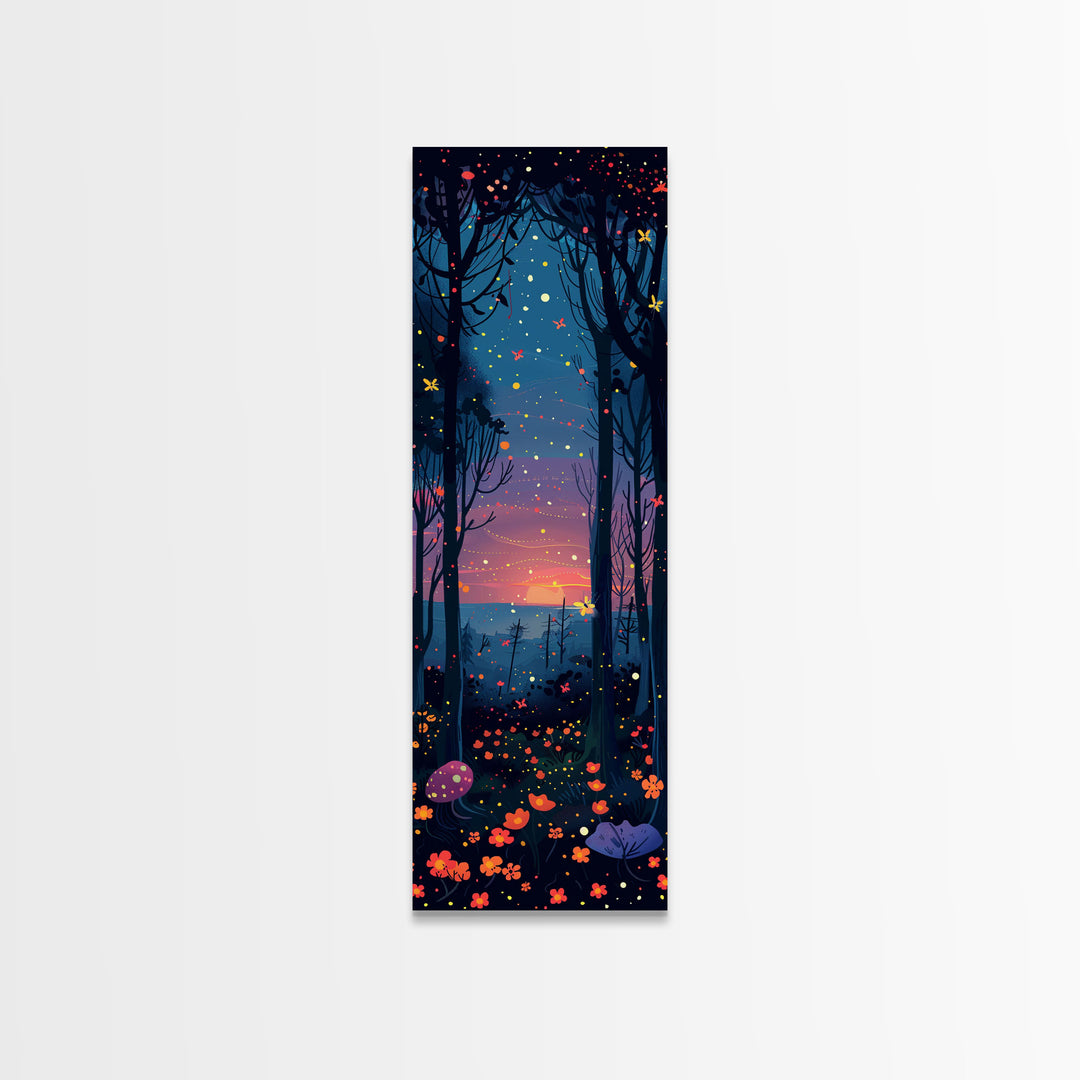 Majestic Nightfall Amidst Illuminated Trees Skinny Art Tall Art Framed Canvas Print Japanese Style Art Ukiyo-e Art Wood Block Print Tranquil Decorative