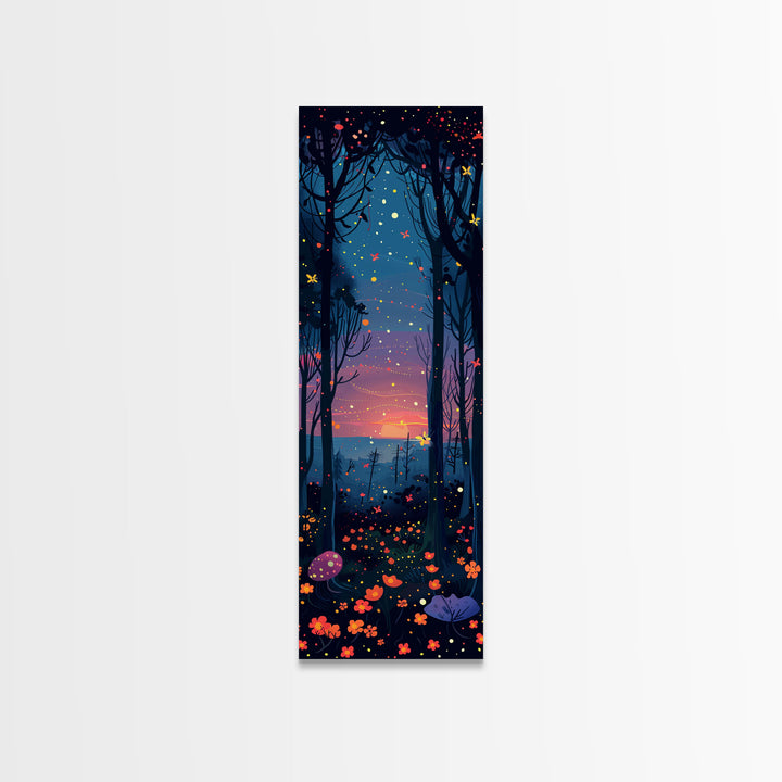 Majestic Nightfall Amidst Illuminated Trees Skinny Art Tall Art Framed Canvas Print Japanese Style Art Ukiyo-e Art Wood Block Print Tranquil Decorative