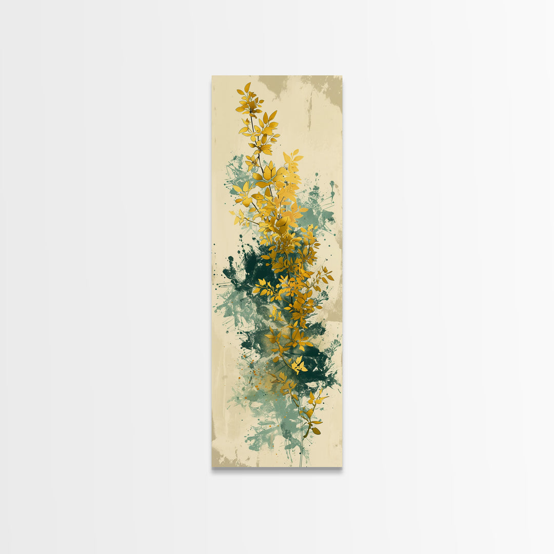 Golden Foliage Set Against Green Textured Background Skinny Art Tall Art Framed Canvas Print Japanese Style Art Ukiyo-e Art Wood Block Print Natural Elegant