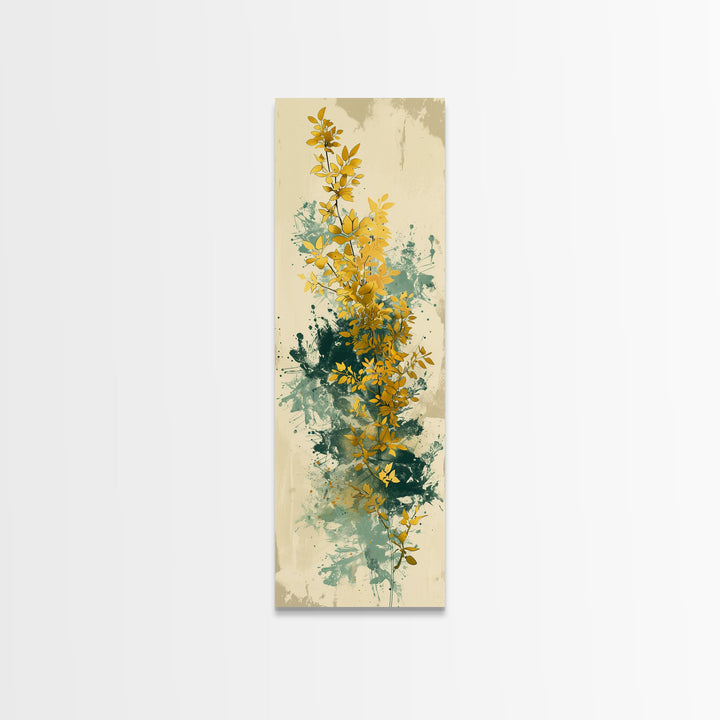Golden Foliage Set Against Green Textured Background Skinny Art Tall Art Framed Canvas Print Japanese Style Art Ukiyo-e Art Wood Block Print Natural Elegant
