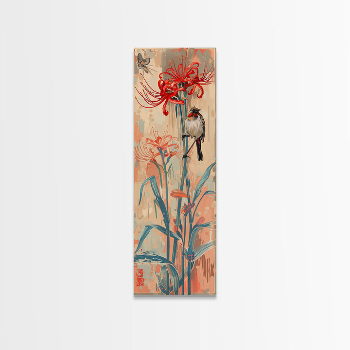 Bird Perched On Bright Red Lily Flower Skinny Art Tall Art Framed Canvas Print Japanese Style Art Ukiyo-e Art Wood Block Print Floral Detailed