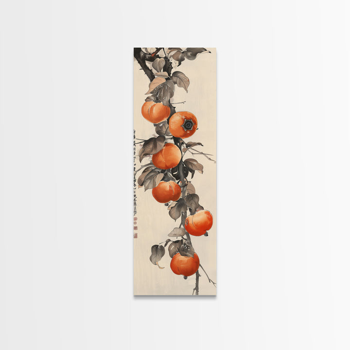 Bountiful Persimmons On Tree Branch Skinny Art Tall Art Framed Canvas Print Japanese Style Art Ukiyo-e Art Wood Block Print Seasonal Natural