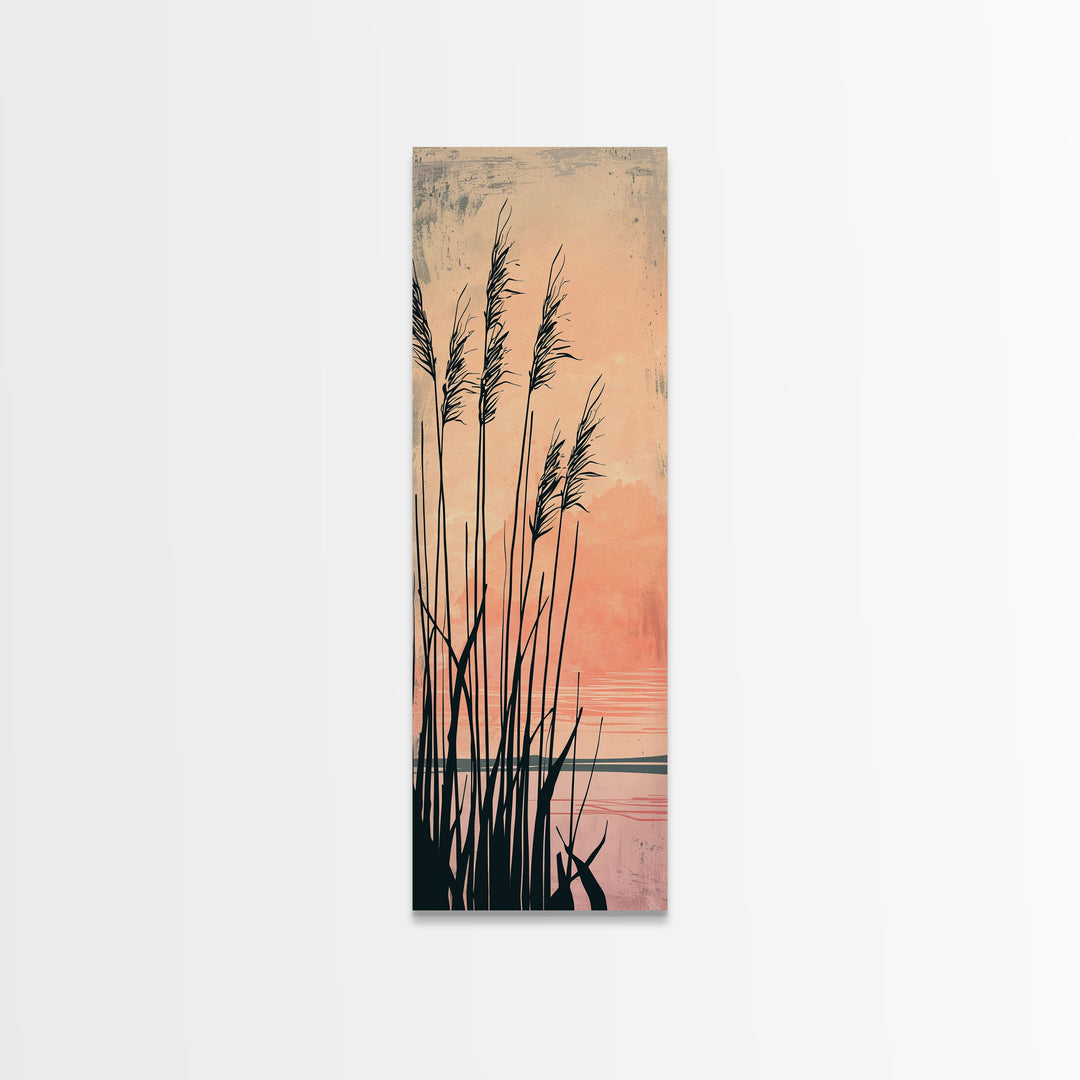 Reeds Silhouetted Against Soft Orange Sunset Skinny Art Tall Art Framed Canvas Print Japanese Style Art Ukiyo-e Art Wood Block Print Tranquil Scenic