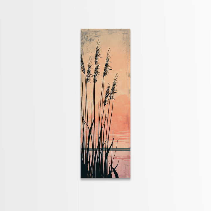Reeds Silhouetted Against Soft Orange Sunset Skinny Art Tall Art Framed Canvas Print Japanese Style Art Ukiyo-e Art Wood Block Print Tranquil Scenic