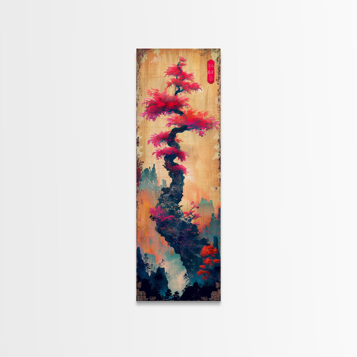 Bonsai Tree With Red Leaves On Gradient Background Wood Block Print Ukiyo-e Wall Art Tall Art Skinny Art Japanese Style