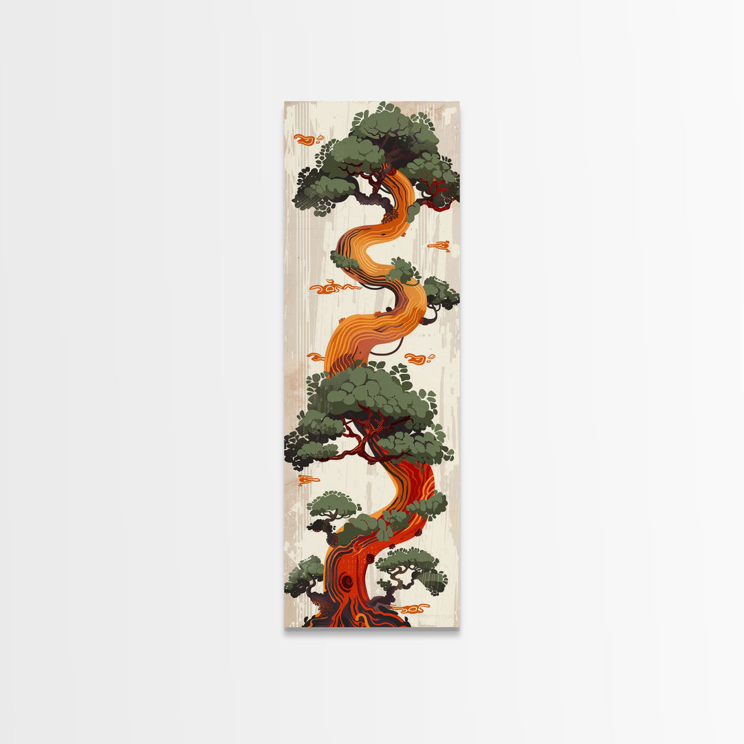 Curved Tree With Green Foliage Ukiyo-e Art Japanese Style Framed Canvas Print Wood Block Print Skinny Art Tall Art