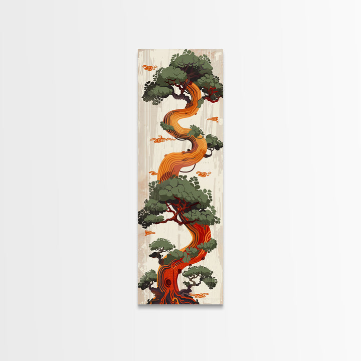 Curved Tree With Green Foliage Ukiyo-e Art Japanese Style Framed Canvas Print Wood Block Print Skinny Art Tall Art