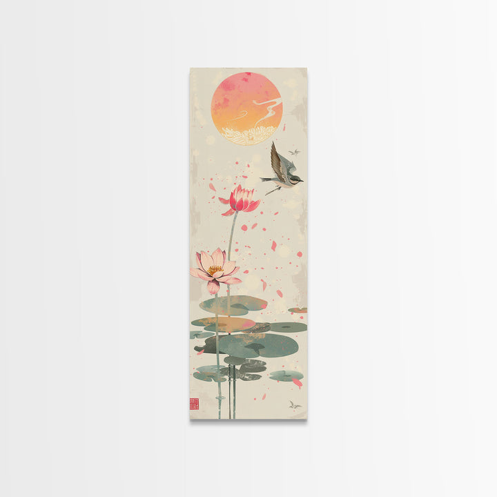 Autumn Maple Leaves Falling Tall Skinny Japanese Wall Art - Framed Canvas Print in Ukiyo-e Style