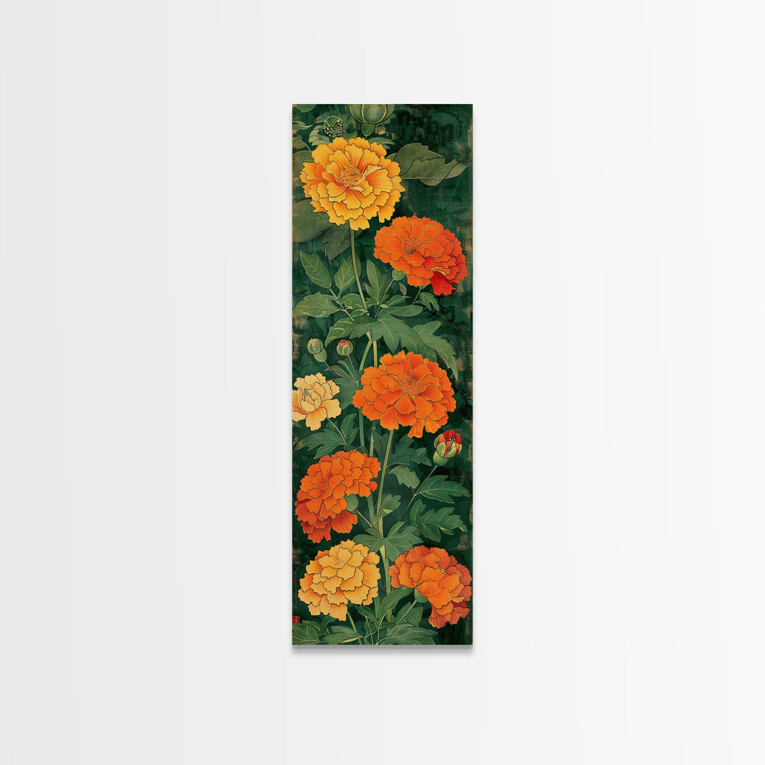 Delicate Pastel Flowers on Tall Stems Framed Canvas Print - Japanese Art Skinny Wall Décor