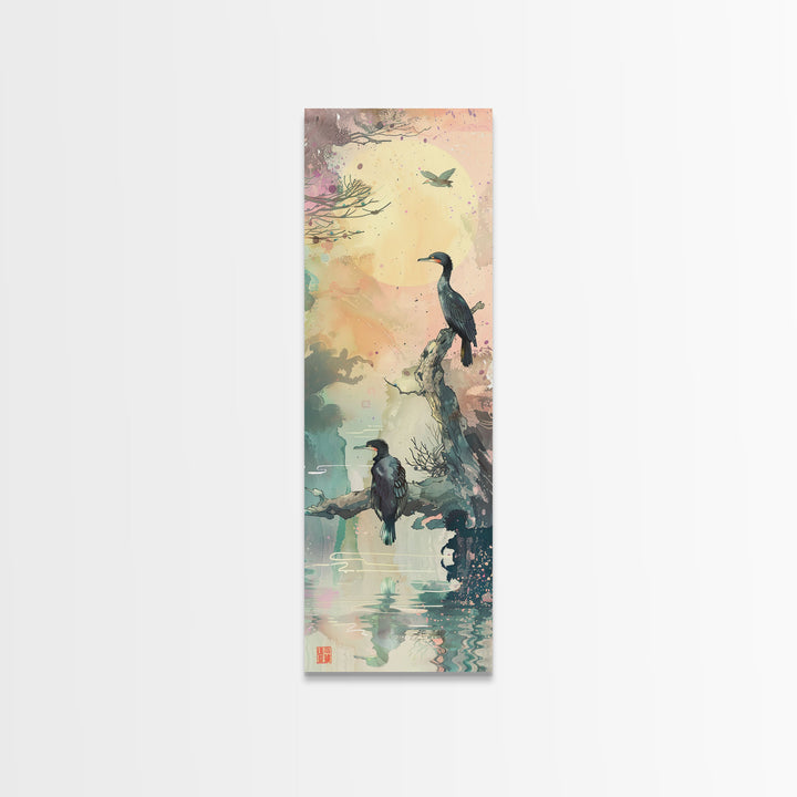 Orange Marigold Blossoms in Japanese Style Tall Skinny Framed Canvas Print - Ukiyo-e Wall Art