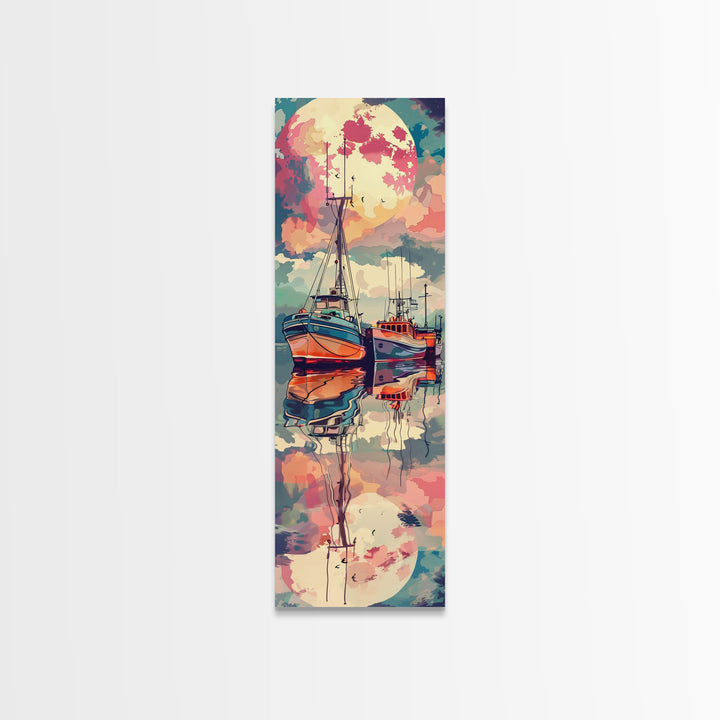 Canvas Print Colorful Fishing Boats Under Full Moon, Vibrant Coastal Scene For Nautical-Themed Home Decor, Wall Decoration