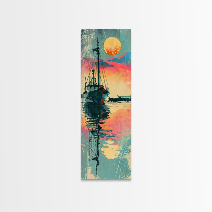 Fishing Boat Reflecting in Water with Vibrant Sunset, Japanese Art-Inspired Tall Framed Canvas Print for Wall Art