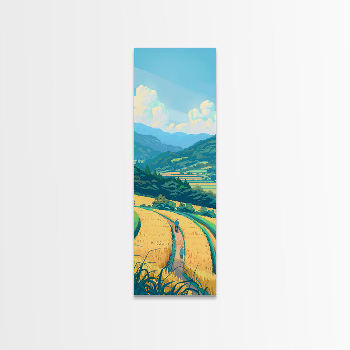 Scenic Countryside Pathway with Fields and Mountains, Skinny Framed Canvas Print for Wall Decor
